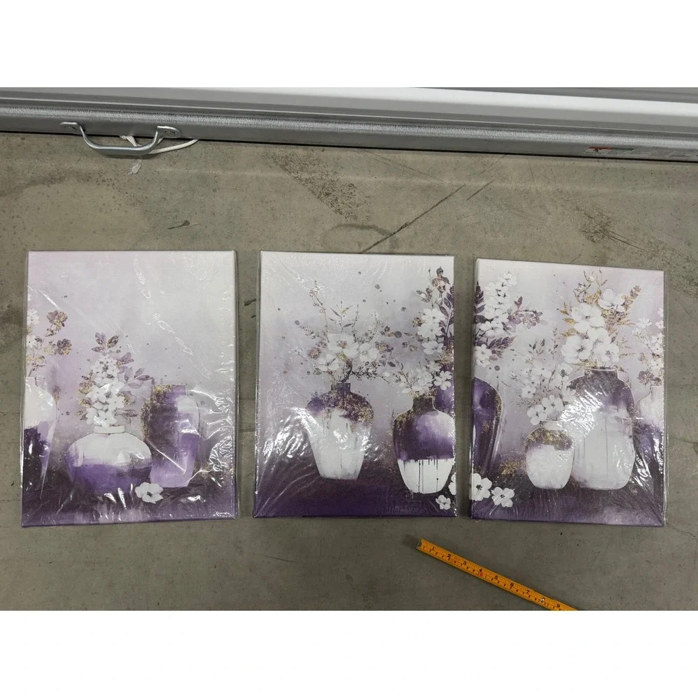 Purple Floral Canvas Wall Art Set 3 Piece White Flower Gold Accents 12x16 New
